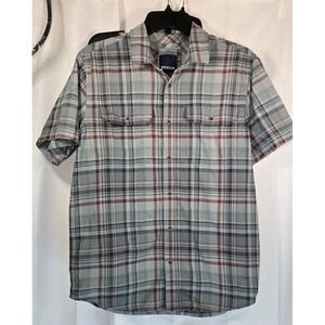 Prana Mens Small Plaid Short Sleeve Button Down Shirt Grey Burgundy Hiking